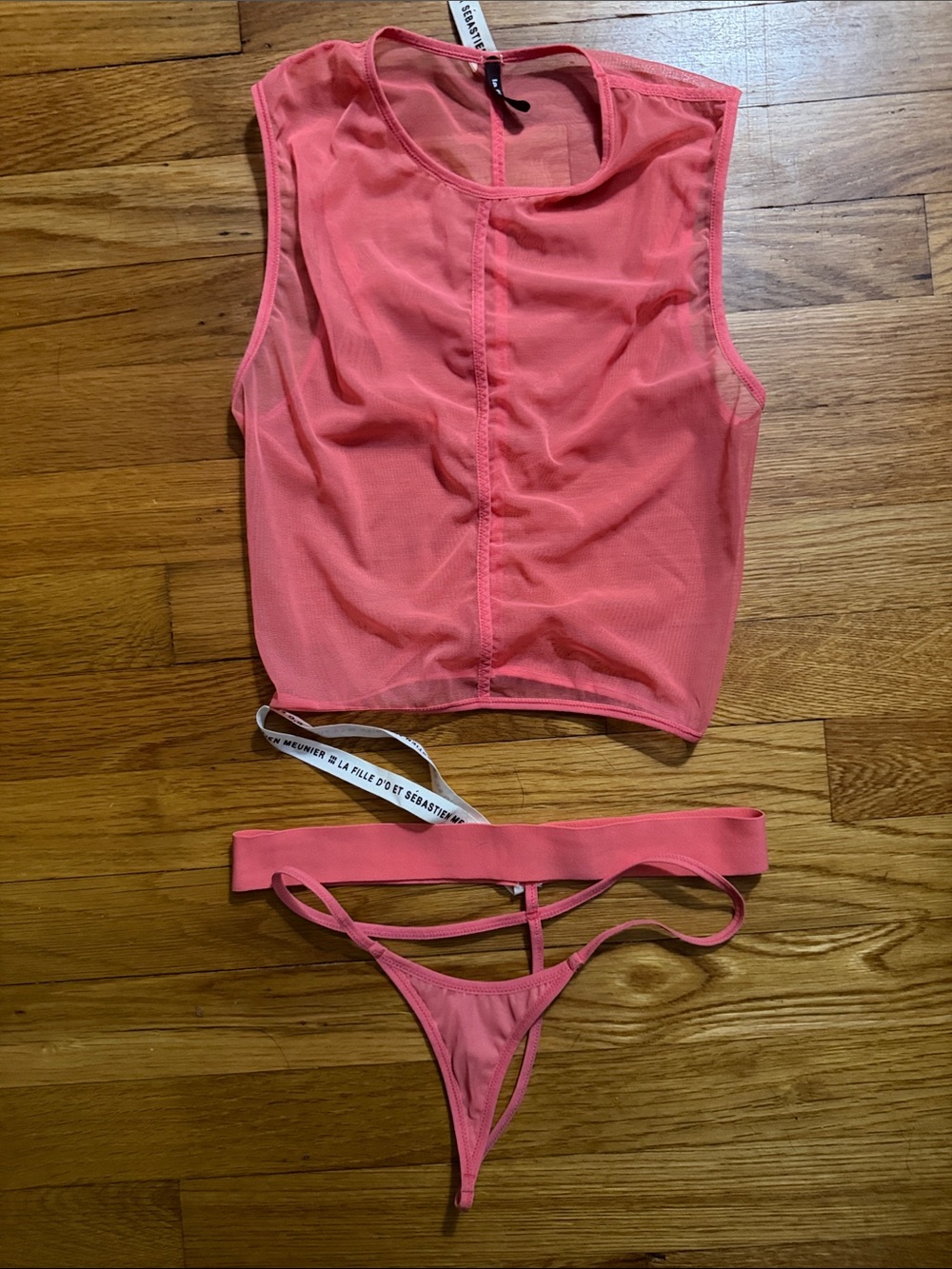 NWT La Fille D’O - Sheer Pink Crop Tank & Strappy Thong Set